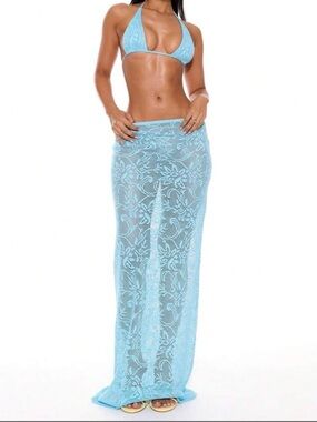 MUSERA Floral Lace Maxi Skirt Turquoise Mermaid Sheer Swim beach Size Small NWT